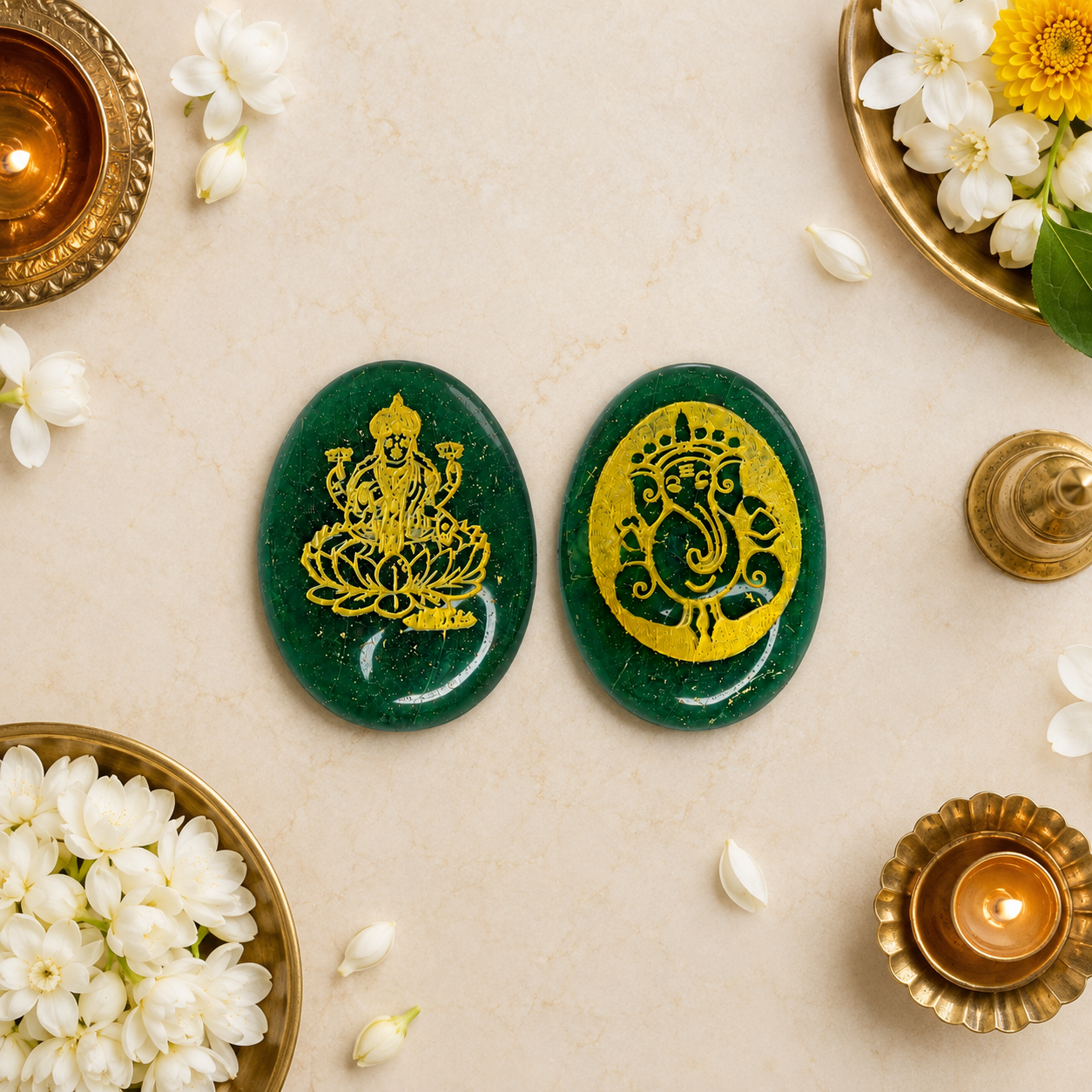 Green Aventurine Laxmi Ganesh Coin
