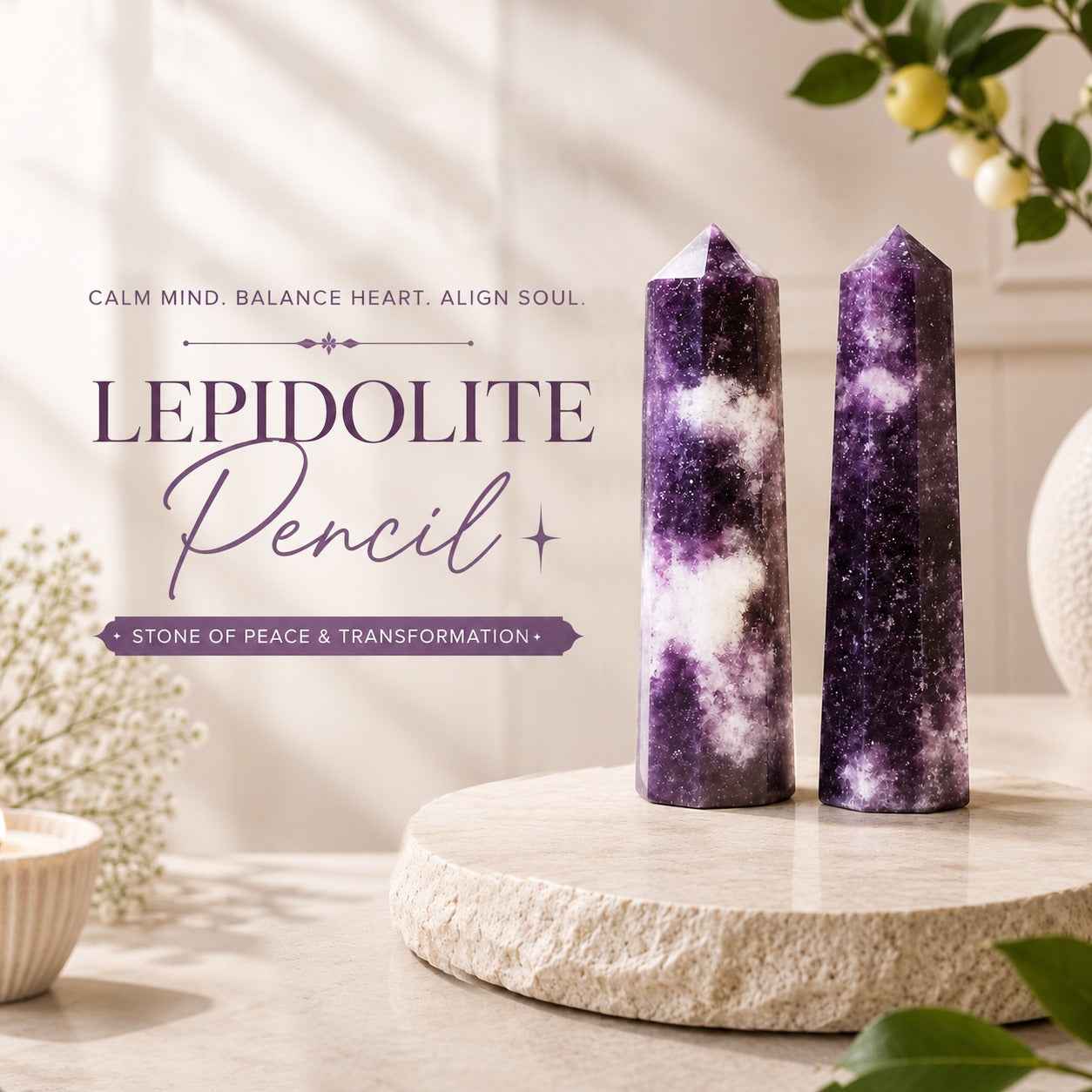 Aeora Rocks Natural Lepidolite Pencil – Healing Crystal Point for Calm, Emotional Balance, Meditation, Reiki & Stress Relief