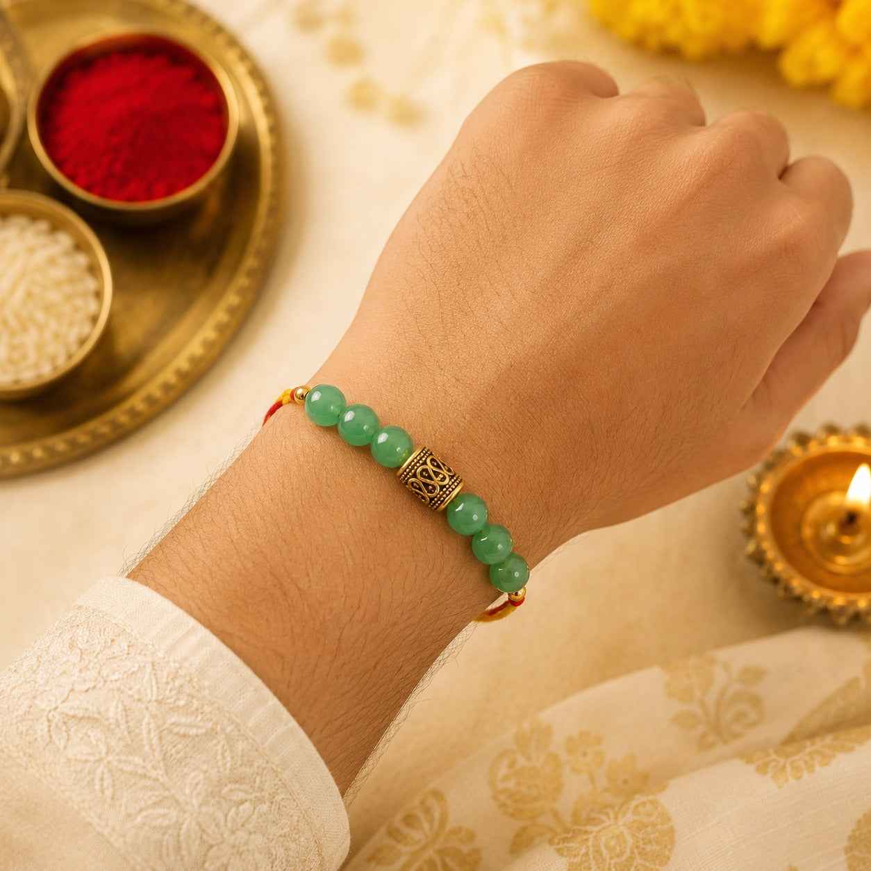Green Aventurine Stone Rakhi – Raksha Bandhan Gift with Blessings of Harmony & Growth