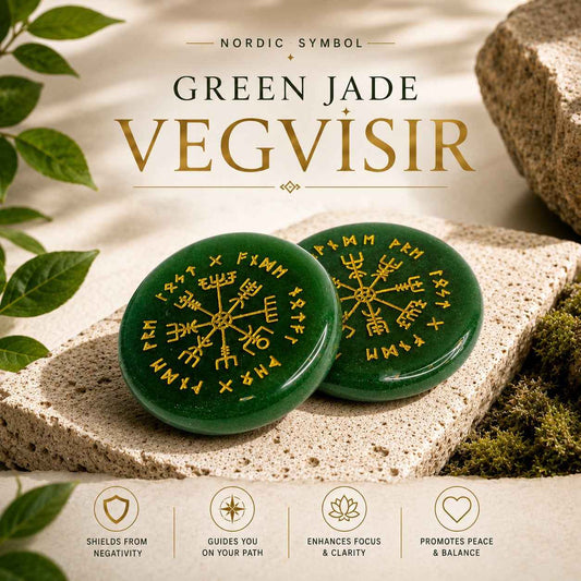 Aeora Rocks Green Jade Vegvisir Palm Stone – Natural Green Jade Viking Compass Engraved Crystal for Protection, Guidance, Mental Clarity & Emotional Balance | Nordic Symbol Healing Stone
