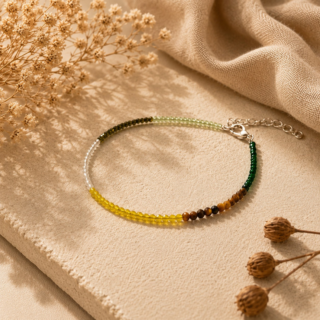 Aeora Rocks Dhanyog Crystal Anklet for Women – Handmade Gemstone Anklet with Citrine, Green Aventurine, Tiger Eye, Pyrite & Clear Quartz | Adjustable Prosperity, Balance & Positive Energy Anklet