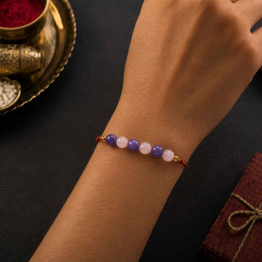 Aeora Rocks Peace & Love Rakhi | Amethyst & Rose Quartz Rakhi for Brother | Handmade Crystal Rakhi | Raksha Bandhan Gift | Love, Harmony & Calm