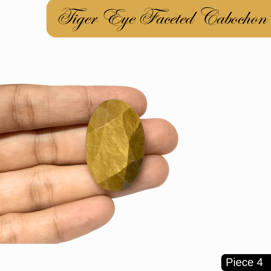 Faceted Tiger Eye Cabochon with golden-brown bands, promoting courage and clarity, enhancing confidence and decision-making.