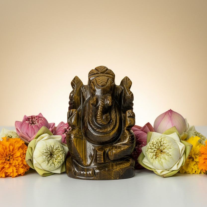 Tiger's eye stone sculpture of a deity on a white background