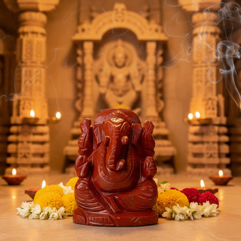 Red stone statue of a deity on a white background RED JASPER ganesha idol aeora rocks