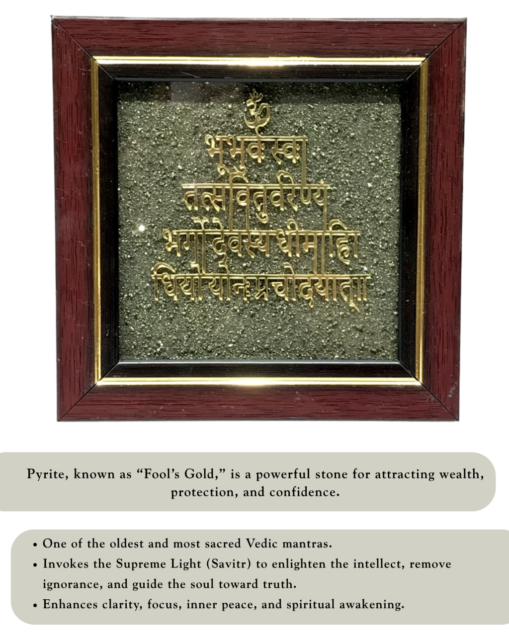 Gayatri Mantra on Pyrite dust in a frame - AEORA ROCKS INDIA -Healing Crystals superstore