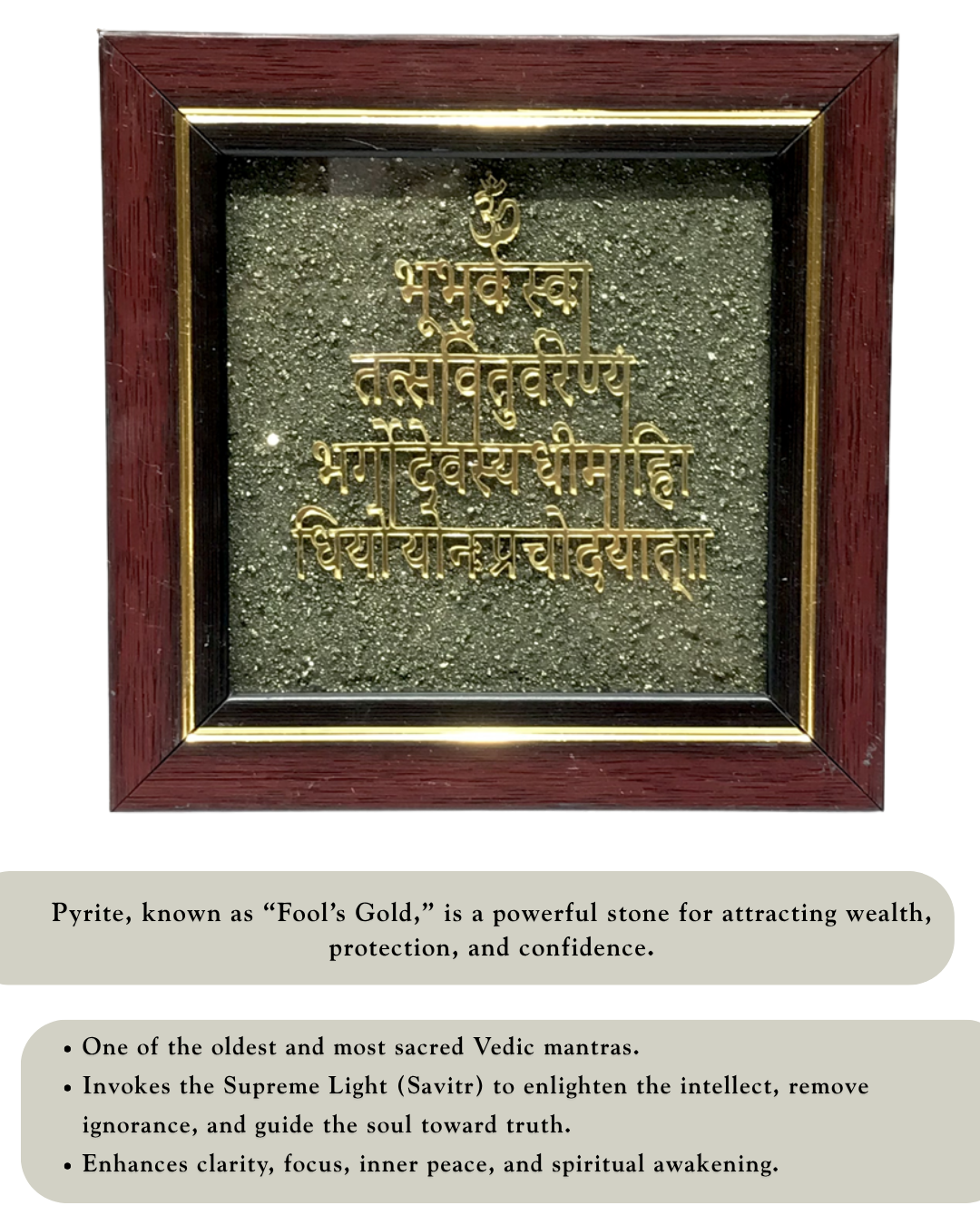 Gayatri Mantra on Pyrite dust in a frame - AEORA ROCKS INDIA -Healing Crystals superstore