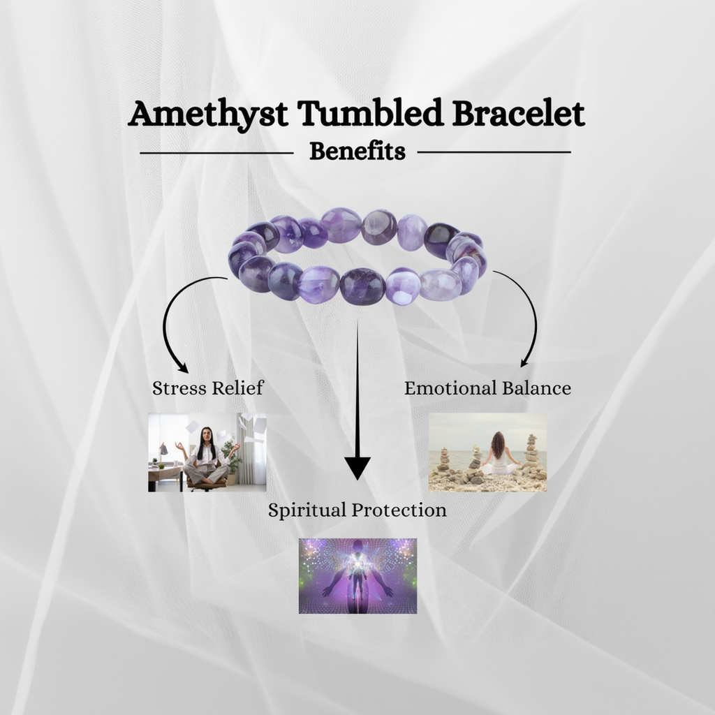 Amethyst tumbled bracelet with benefits listed on a white background