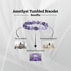 Amethyst tumbled bracelet with benefits listed on a white background