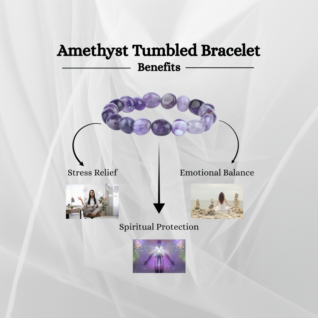 Amethyst tumbled bracelet with benefits listed on a white background