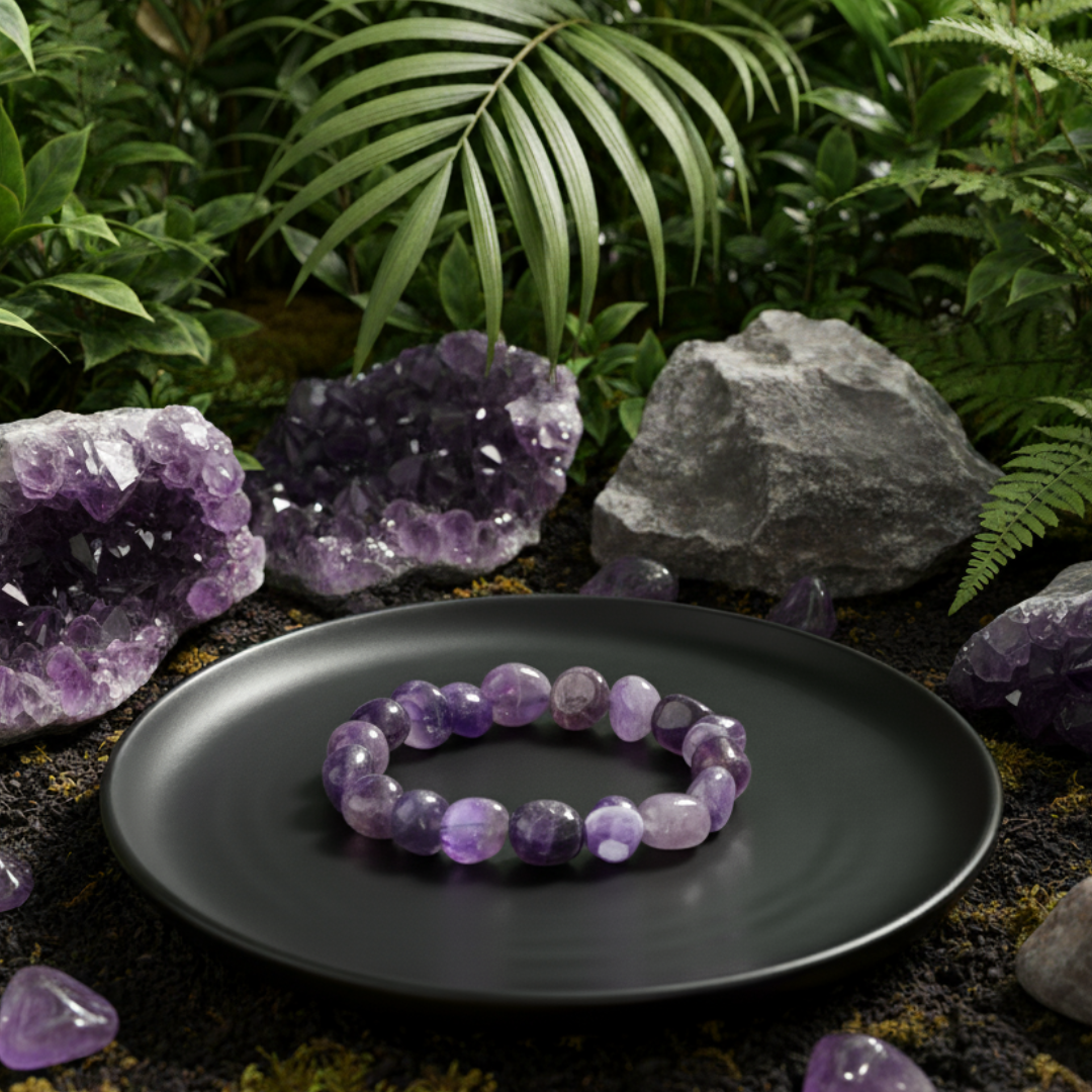 Amethyst bracelet on a black plate with amethyst crystals and rocks in a natural setting