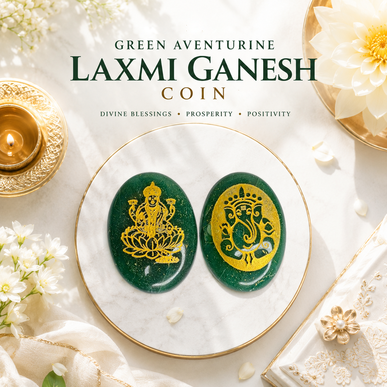Green Aventurine Laxmi Ganesh Coin