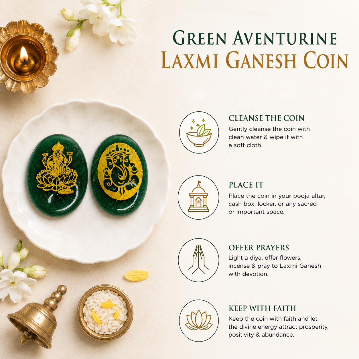 Green Aventurine Laxmi Ganesh Coin