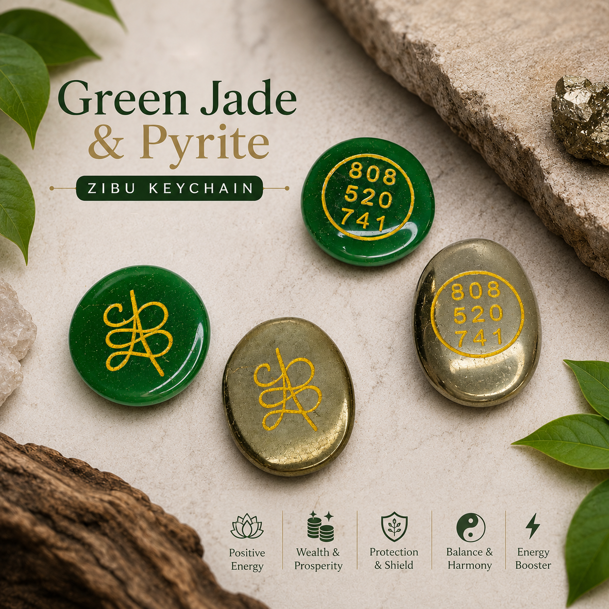Green Jade & Pyrite Zibu keychain