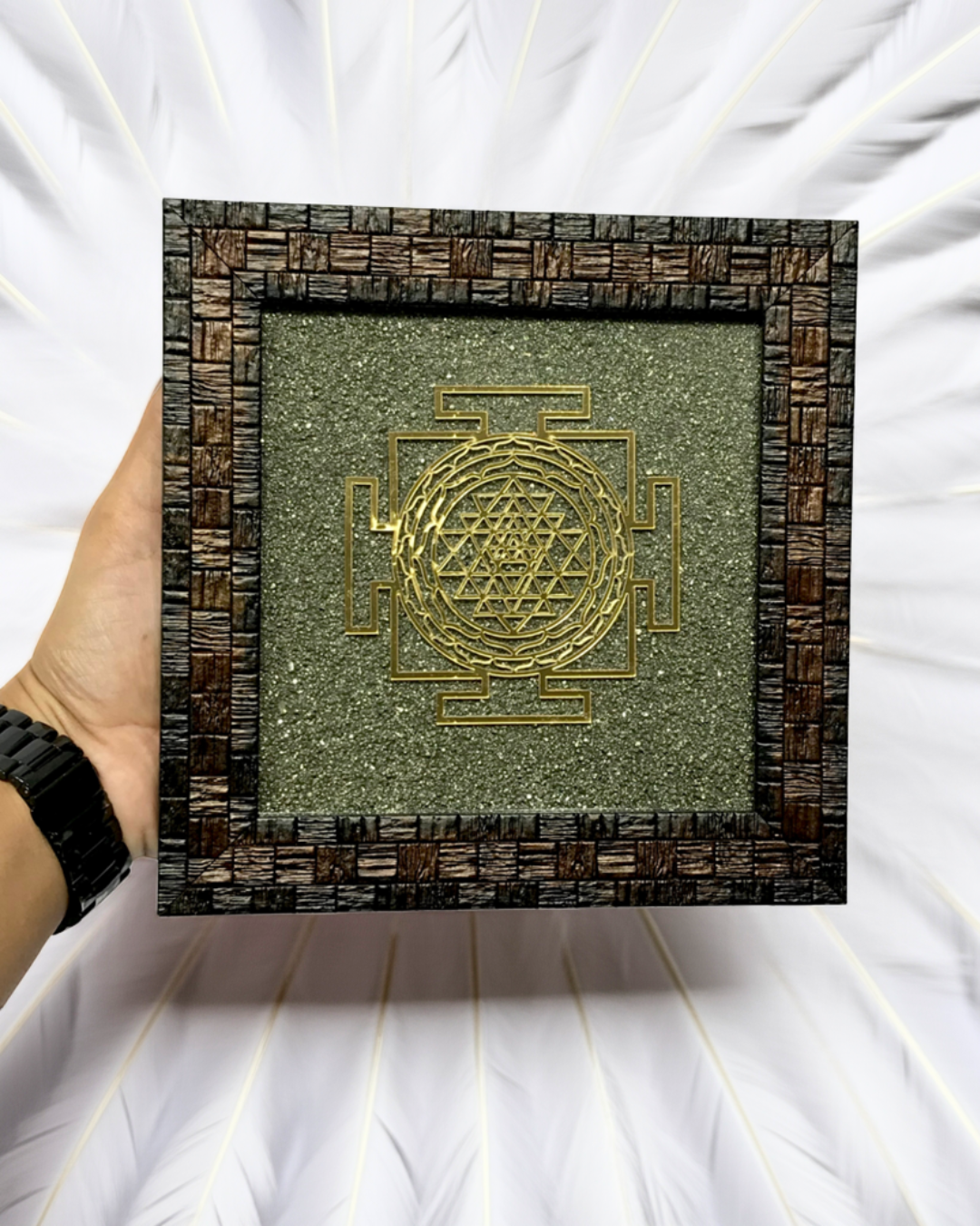 Shree Yantra on Pyrite dust in a frame - AEORA ROCKS INDIA -Healing Crystals superstore
