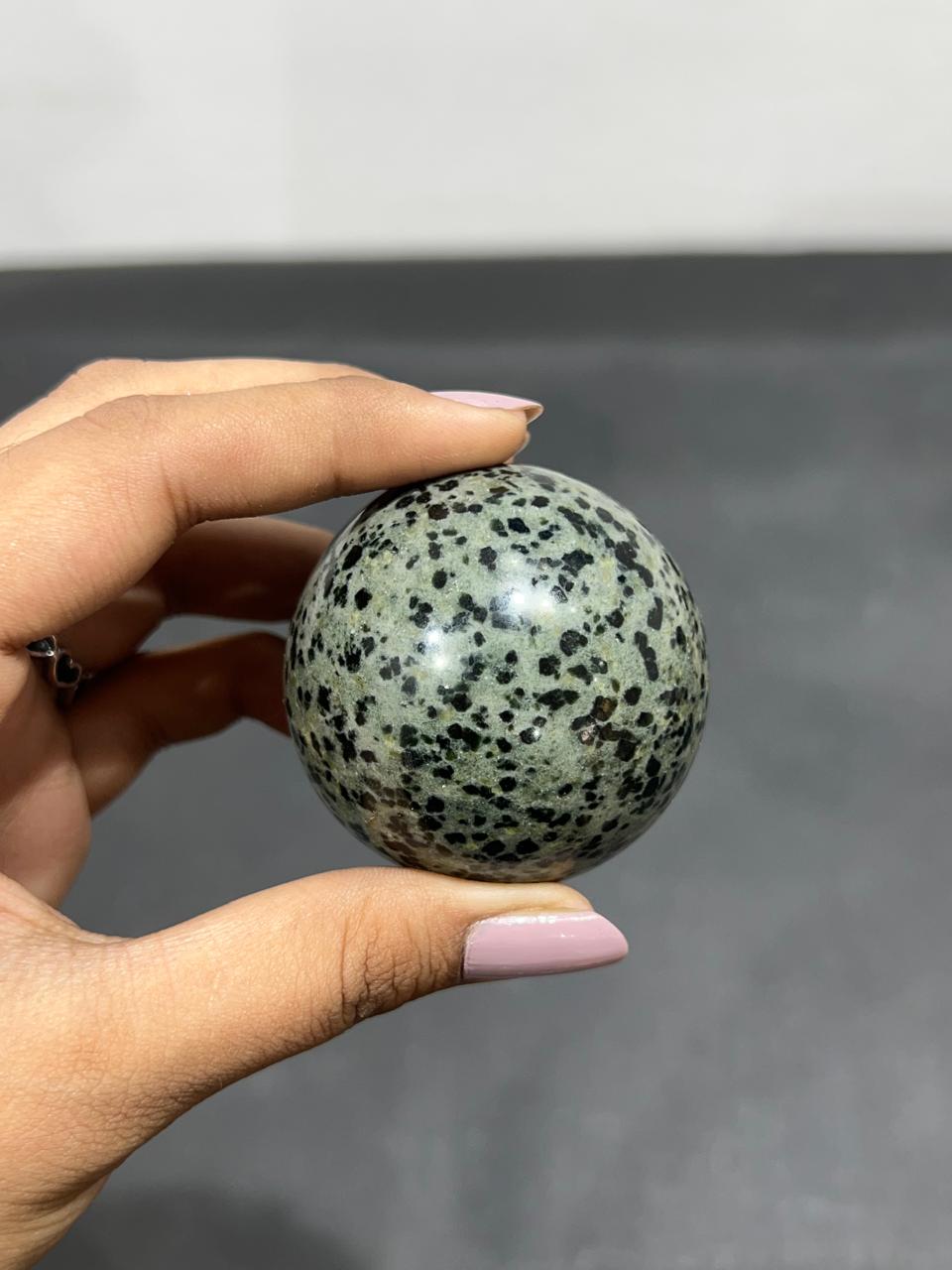 Green Dalmatian Sphere 225g - AEORA ROCKS INDIA -Healing Crystals superstore