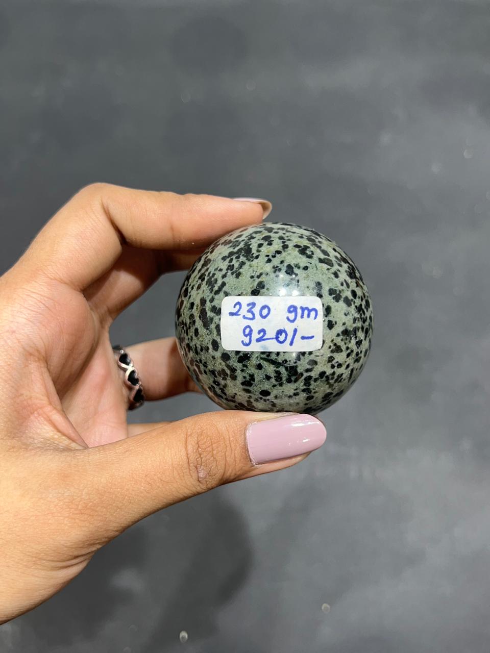 Green Dalmatian Sphere 230g - AEORA ROCKS INDIA -Healing Crystals superstore