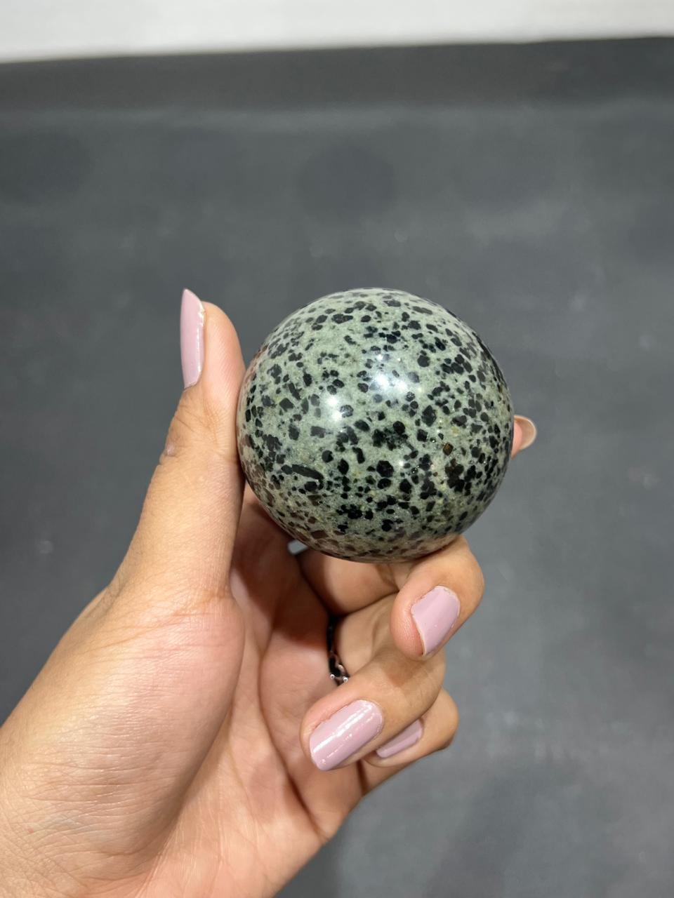 Green Dalmatian Sphere 230g - AEORA ROCKS INDIA -Healing Crystals superstore