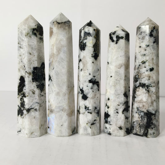 Natural Rainbow Moonstone Point Pencil Tower – Intuition & Divine Feminine Crystal Obelisk