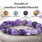 Amethyst tumbled bracelet with benefits listed on a white background