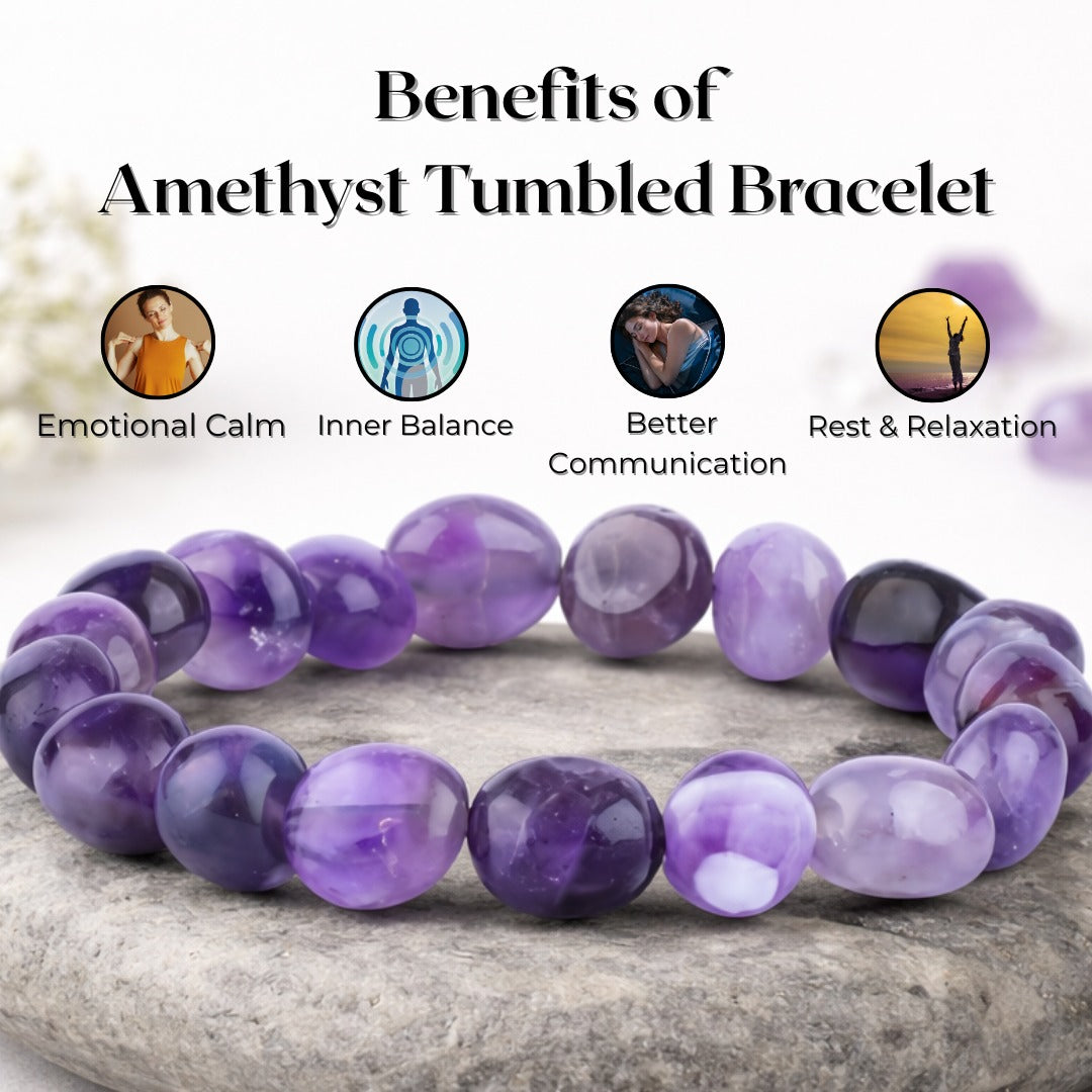 Amethyst tumbled bracelet with benefits listed on a white background