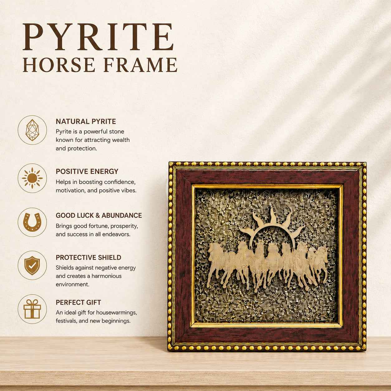 Aeora Rocks Natural Pyrite Horse Frame – Vastu & Feng Shui Crystal Décor for Wealth, Success, Prosperity & Good Luck