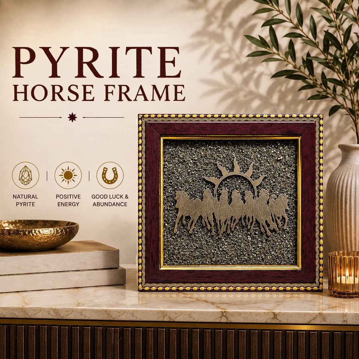 Aeora Rocks Natural Pyrite Horse Frame – Vastu & Feng Shui Crystal Décor for Wealth, Success, Prosperity & Good Luck