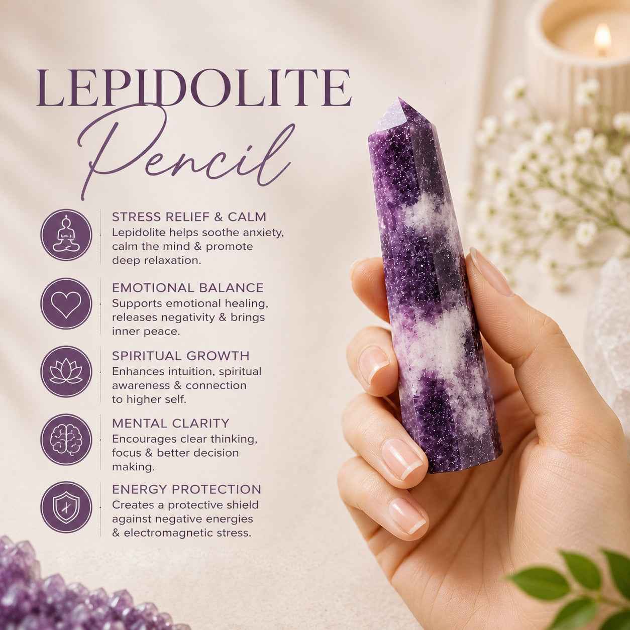 Aeora Rocks Natural Lepidolite Pencil – Healing Crystal Point for Calm, Emotional Balance, Meditation, Reiki & Stress Relief