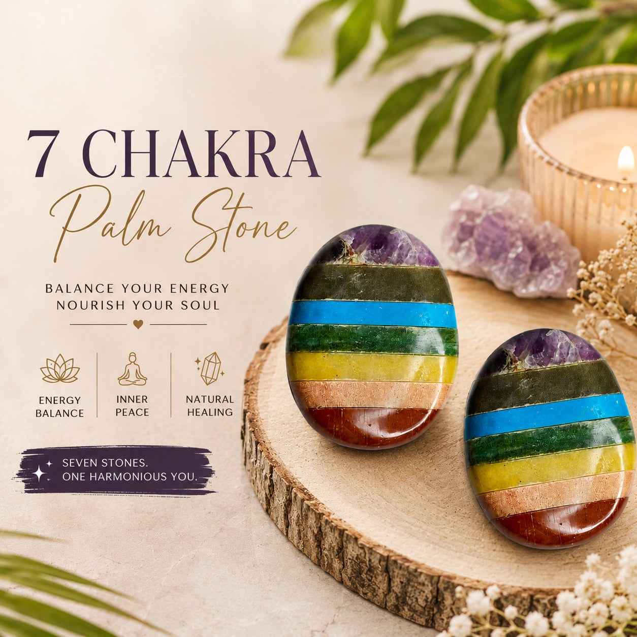 Aeora Rocks Natural 7 Chakra Palm Stone – Crystal Healing Stone for Energy Balance, Meditation & Inner Peace