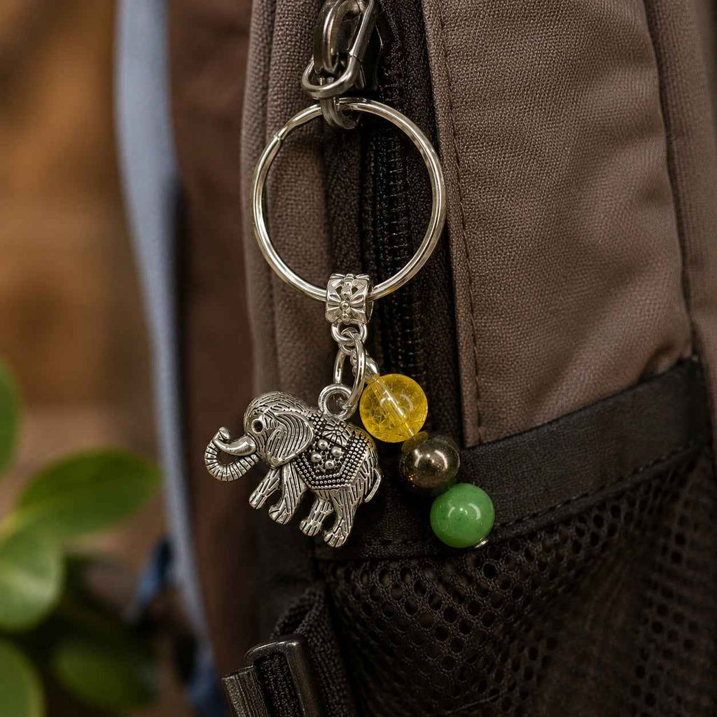 Aeora Rocks Wealth Elephant Keychain – Citrine, Green Aventurine & Pyrite Crystal Keychain for Prosperity & Success