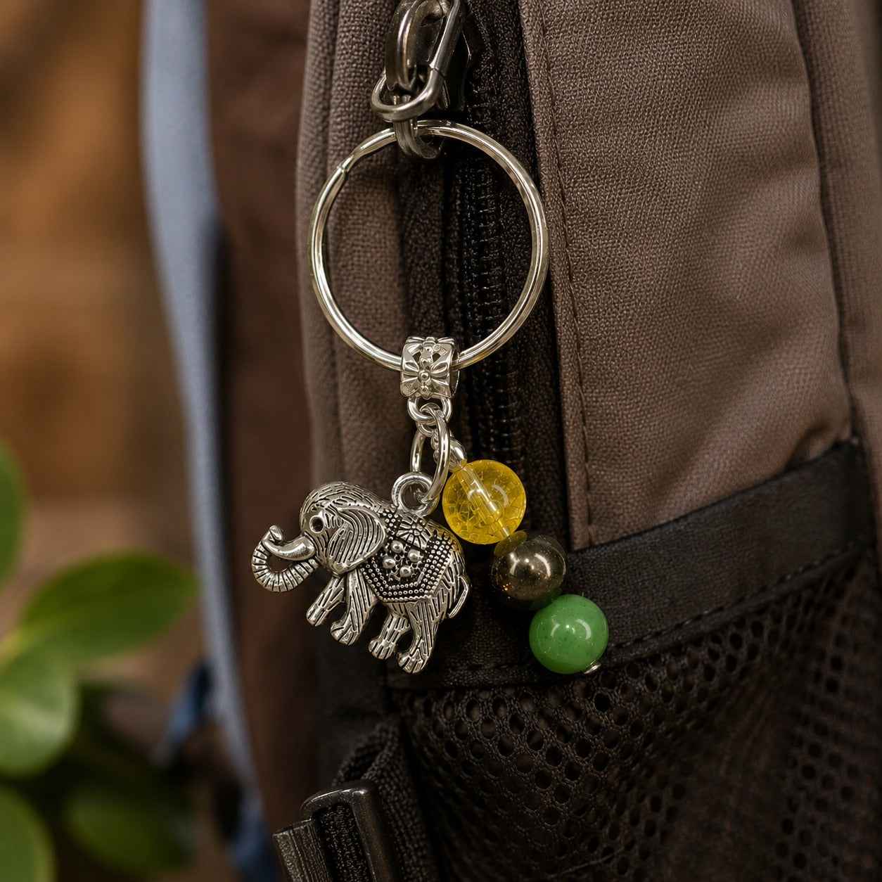 Aeora Rocks Wealth Elephant Keychain – Citrine, Green Aventurine & Pyrite Crystal Keychain for Prosperity & Success