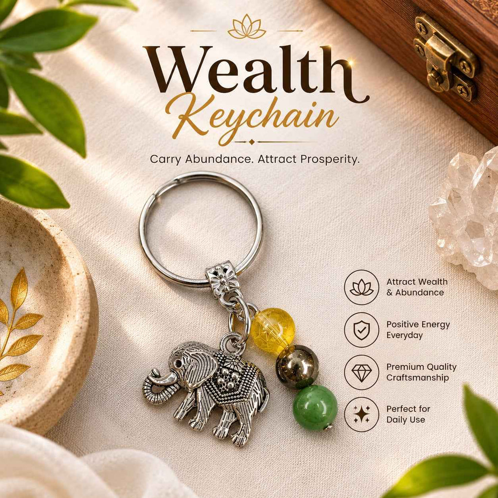 Aeora Rocks Wealth Elephant Keychain – Citrine, Green Aventurine & Pyrite Crystal Keychain for Prosperity & Success