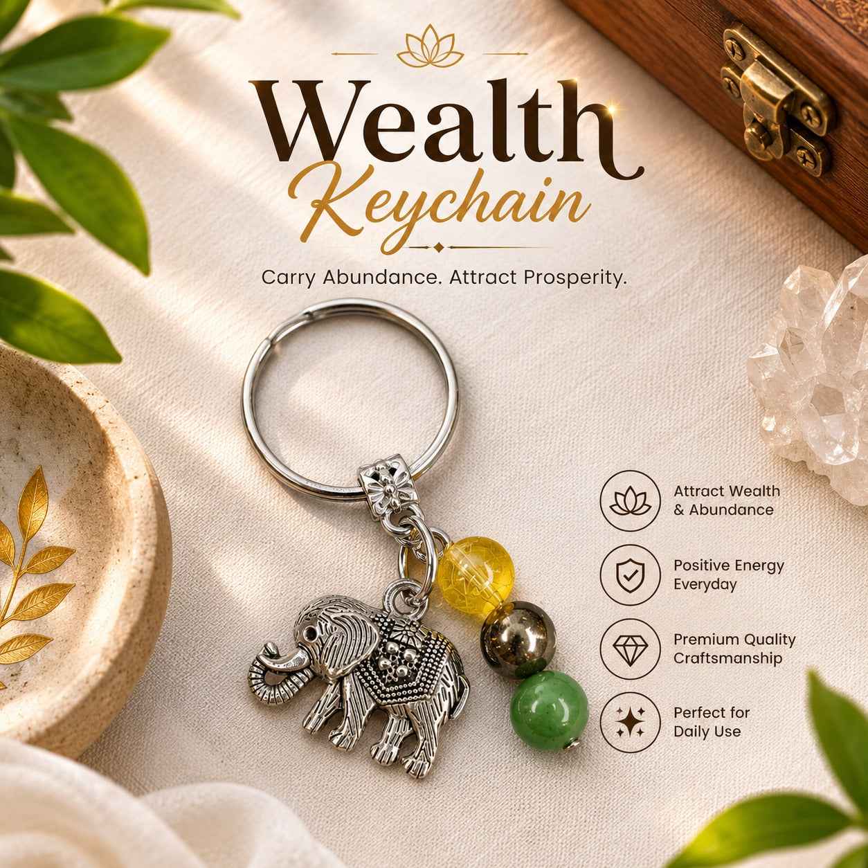 Aeora Rocks Wealth Elephant Keychain – Citrine, Green Aventurine & Pyrite Crystal Keychain for Prosperity & Success