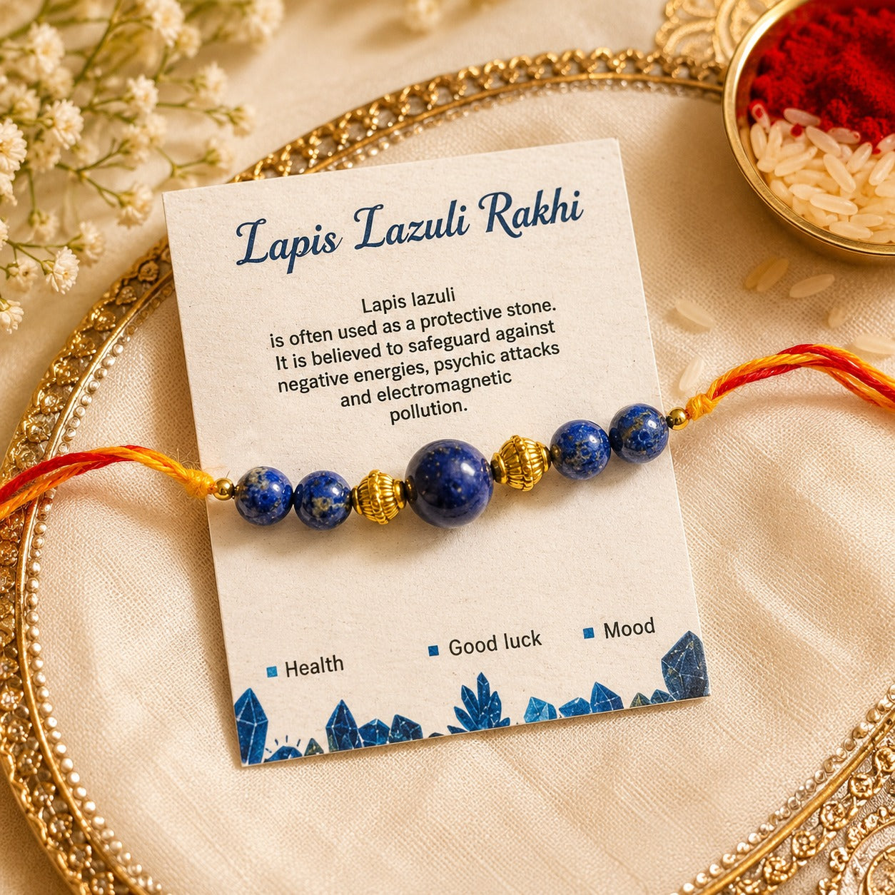 Aeora Rocks Lapis Lazuli Rakhi – Natural Healing Crystal Rakhi for Brother | Handmade Raksha Bandhan Bracelet for Wisdom, Protection, Confidence & Good Fortune