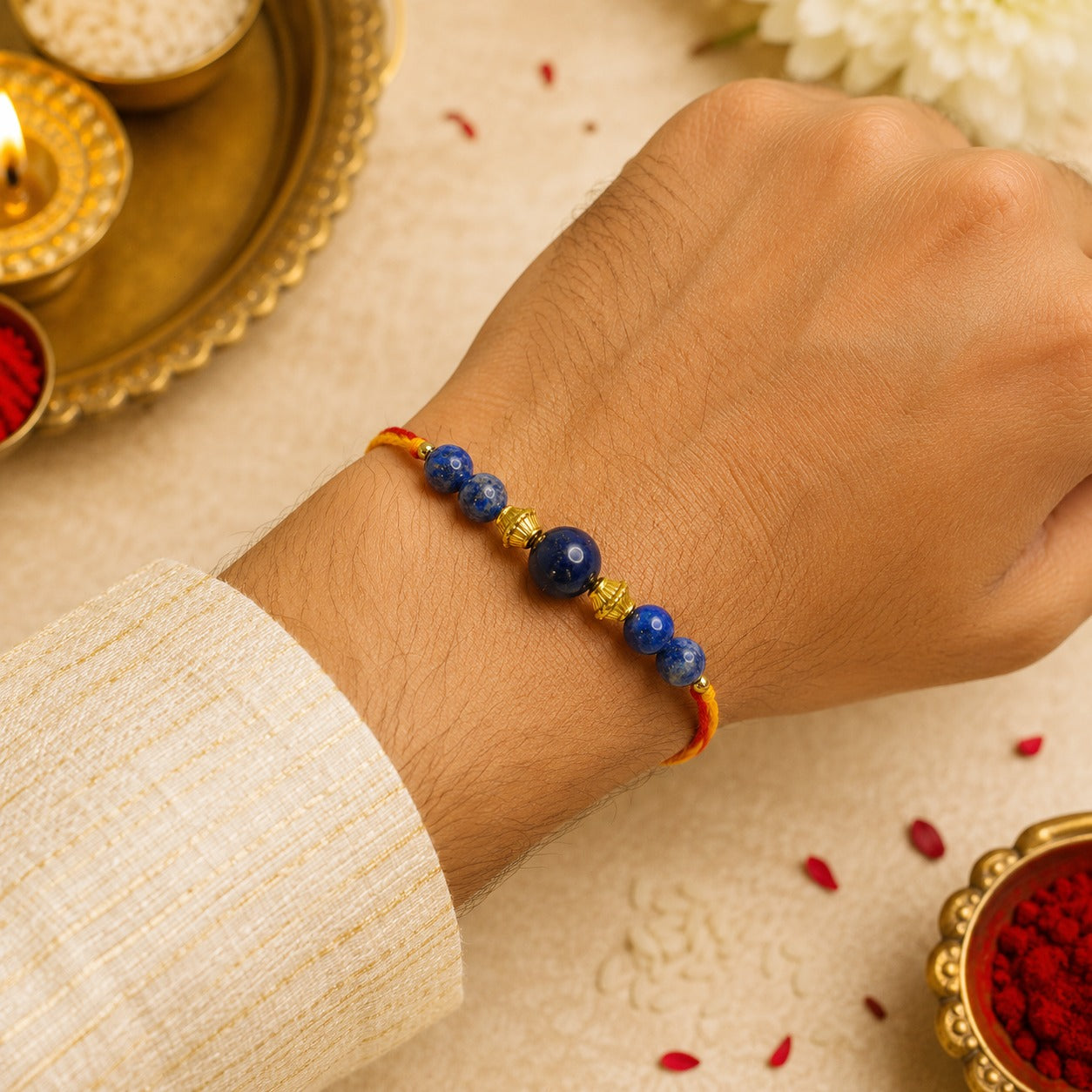 Aeora Rocks Lapis Lazuli Rakhi – Natural Healing Crystal Rakhi for Brother | Handmade Raksha Bandhan Bracelet for Wisdom, Protection, Confidence & Good Fortune