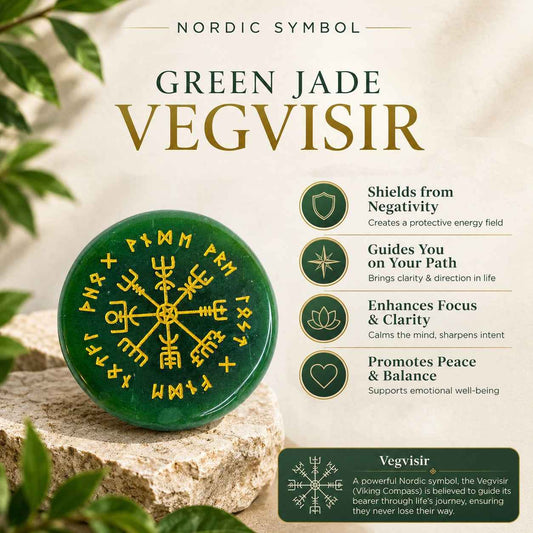 Aeora Rocks Green Jade Vegvisir Palm Stone – Natural Green Jade Viking Compass Engraved Crystal for Protection, Guidance, Mental Clarity & Emotional Balance | Nordic Symbol Healing Stone