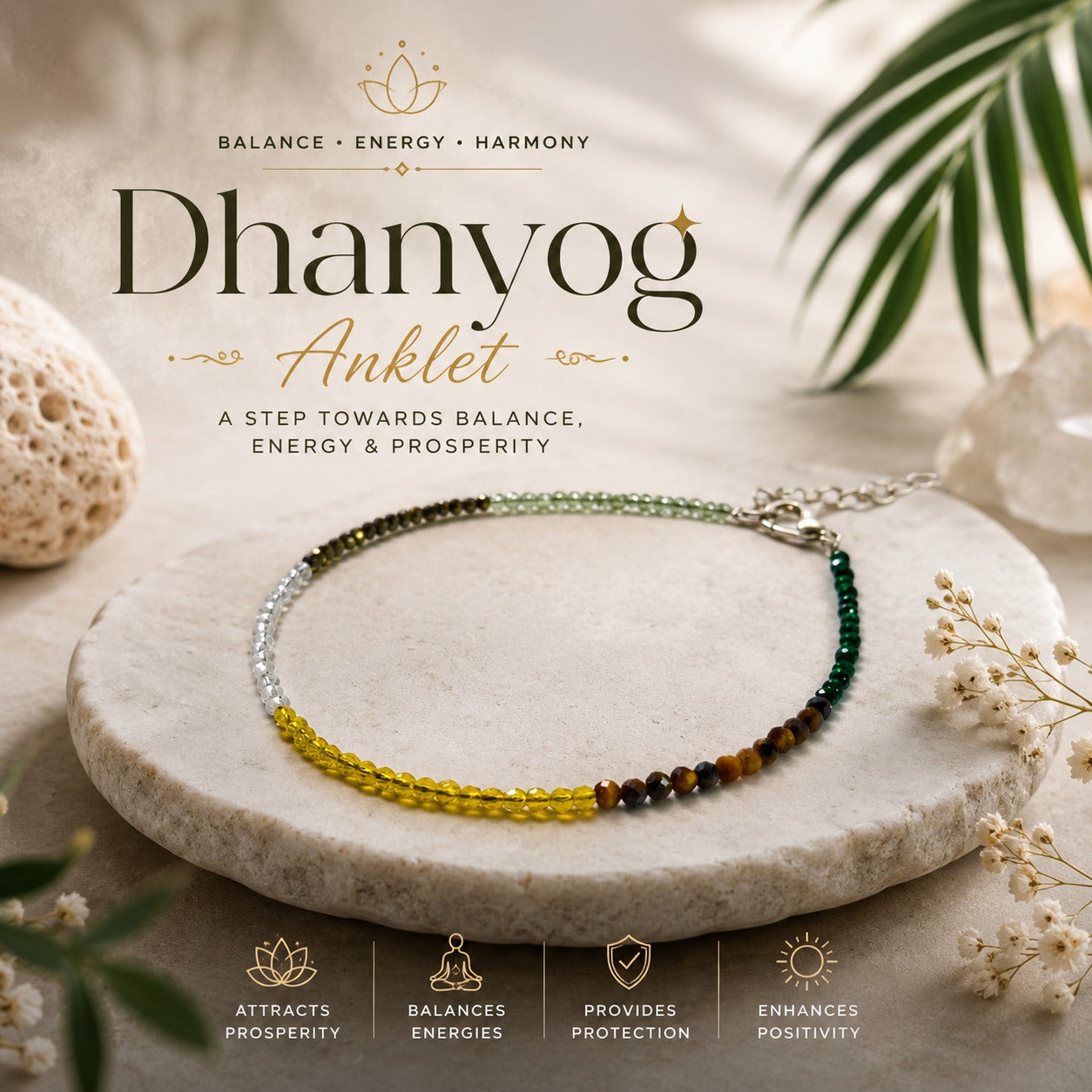 Aeora Rocks Dhanyog Crystal Anklet for Women – Handmade Gemstone Anklet with Citrine, Green Aventurine, Tiger Eye, Pyrite & Clear Quartz | Adjustable Prosperity, Balance & Positive Energy Anklet