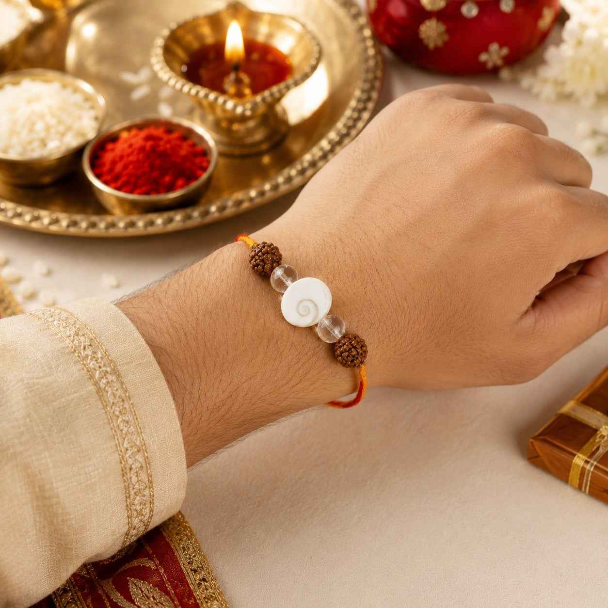 Aeora Rocks Gomti Chakra & Rudraksha Rakhi for Brother | Natural Gomti Chakra, Rudraksha & Clear Quartz Rakhi | Spiritual Protection Rakhi | Handmade Raksha Bandhan Rakhi