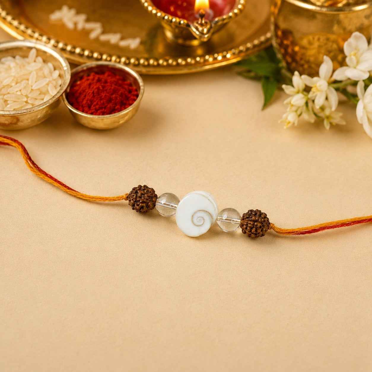 Aeora Rocks Gomti Chakra & Rudraksha Rakhi for Brother | Natural Gomti Chakra, Rudraksha & Clear Quartz Rakhi | Spiritual Protection Rakhi | Handmade Raksha Bandhan Rakhi