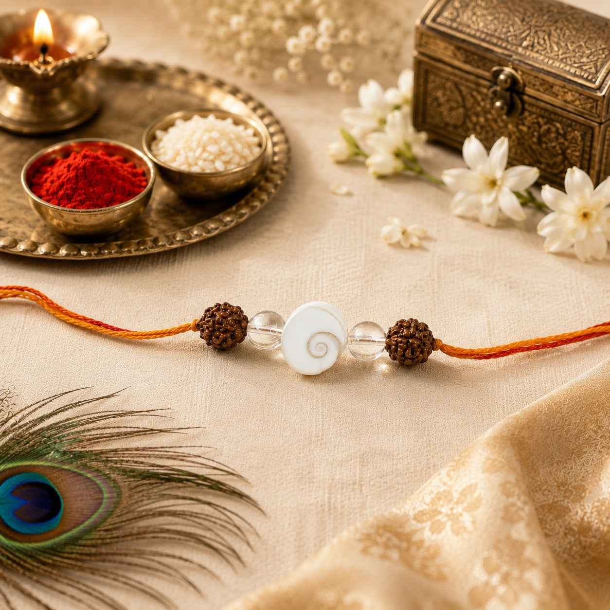 Aeora Rocks Gomti Chakra & Rudraksha Rakhi for Brother | Natural Gomti Chakra, Rudraksha & Clear Quartz Rakhi | Spiritual Protection Rakhi | Handmade Raksha Bandhan Rakhi