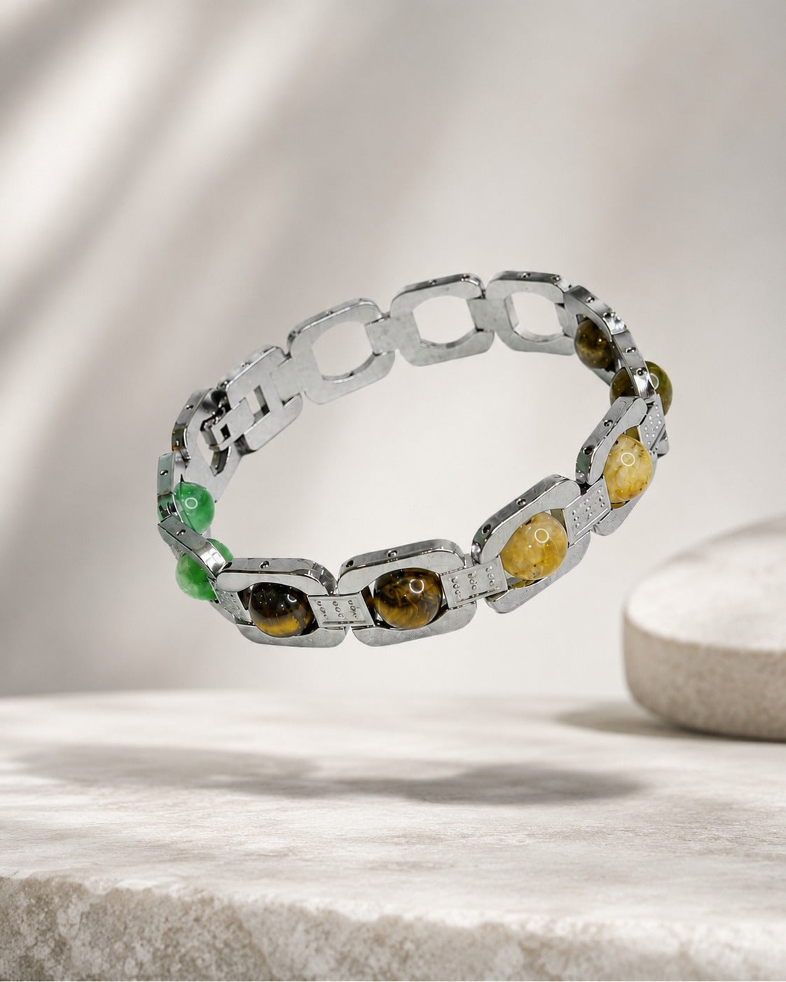 Aeora Rocks Rajyog Panchdhatu Bracelet | Green Aventurine, Citrine, White Quartz & Tiger Eye | Crystal Bracelet for Prosperity, Confidence & Balance