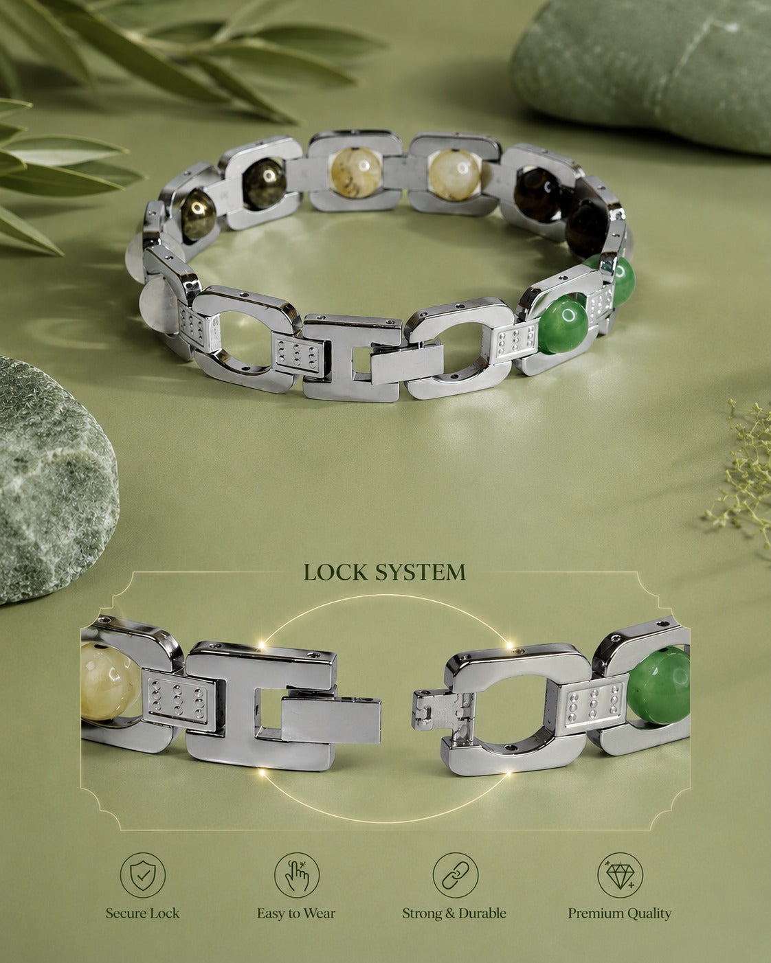 Aeora Rocks Rajyog Panchdhatu Bracelet | Green Aventurine, Citrine, White Quartz & Tiger Eye | Crystal Bracelet for Prosperity, Confidence & Balance