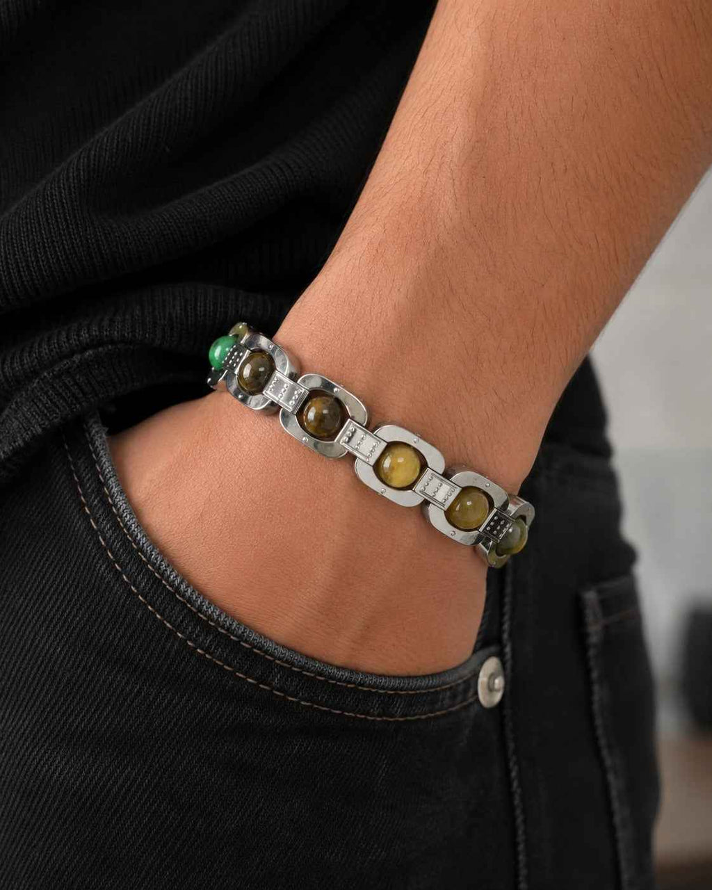 Aeora Rocks Rajyog Panchdhatu Bracelet | Green Aventurine, Citrine, White Quartz & Tiger Eye | Crystal Bracelet for Prosperity, Confidence & Balance