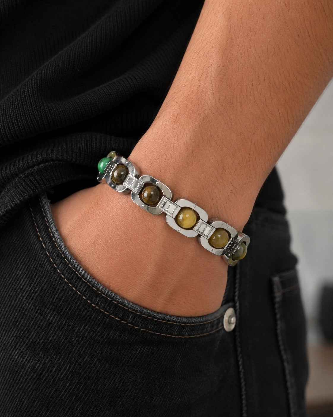 Aeora Rocks Rajyog Panchdhatu Bracelet | Green Aventurine, Citrine, White Quartz & Tiger Eye | Crystal Bracelet for Prosperity, Confidence & Balance