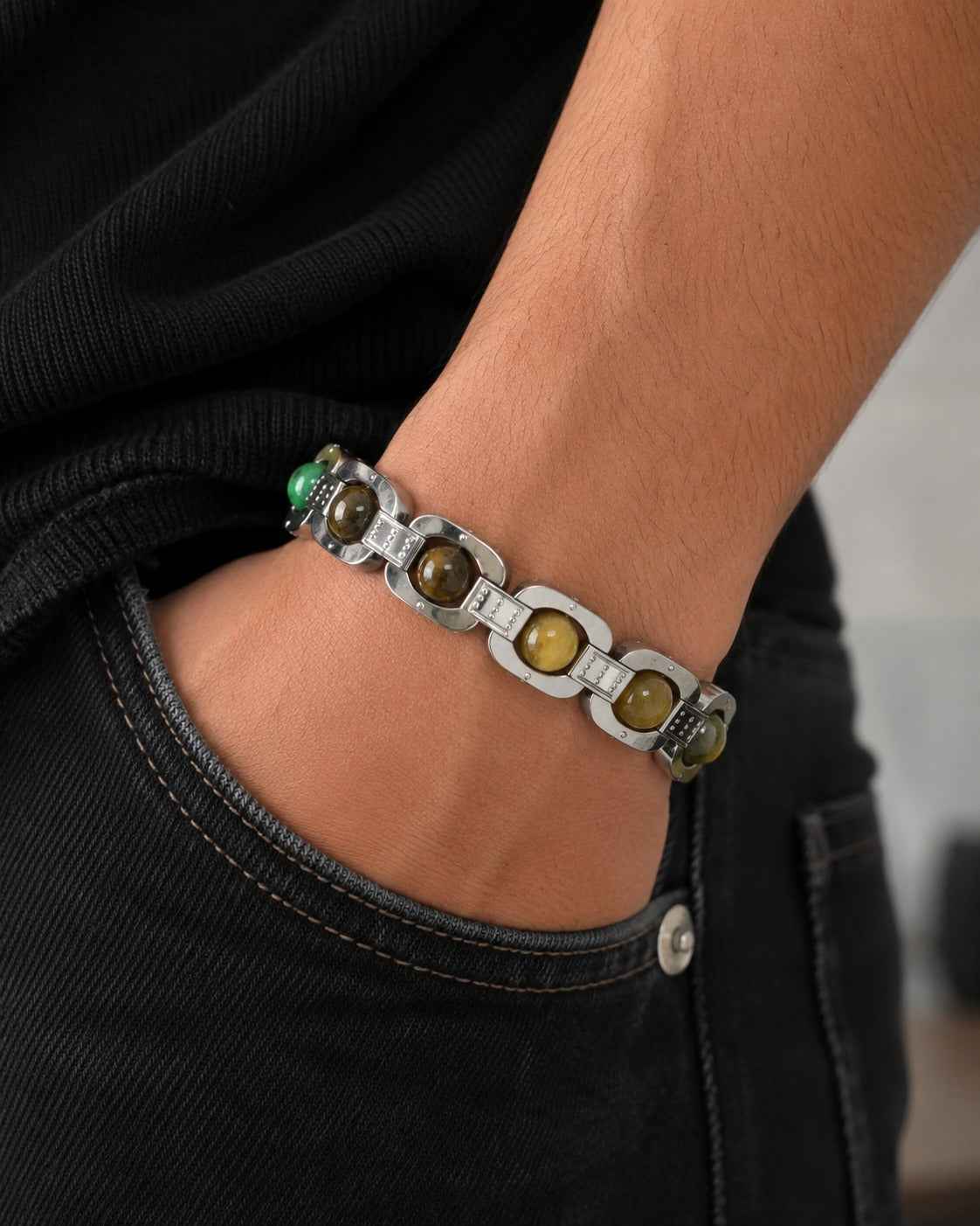 Aeora Rocks Rajyog Panchdhatu Bracelet | Green Aventurine, Citrine, White Quartz & Tiger Eye | Crystal Bracelet for Prosperity, Confidence & Balance