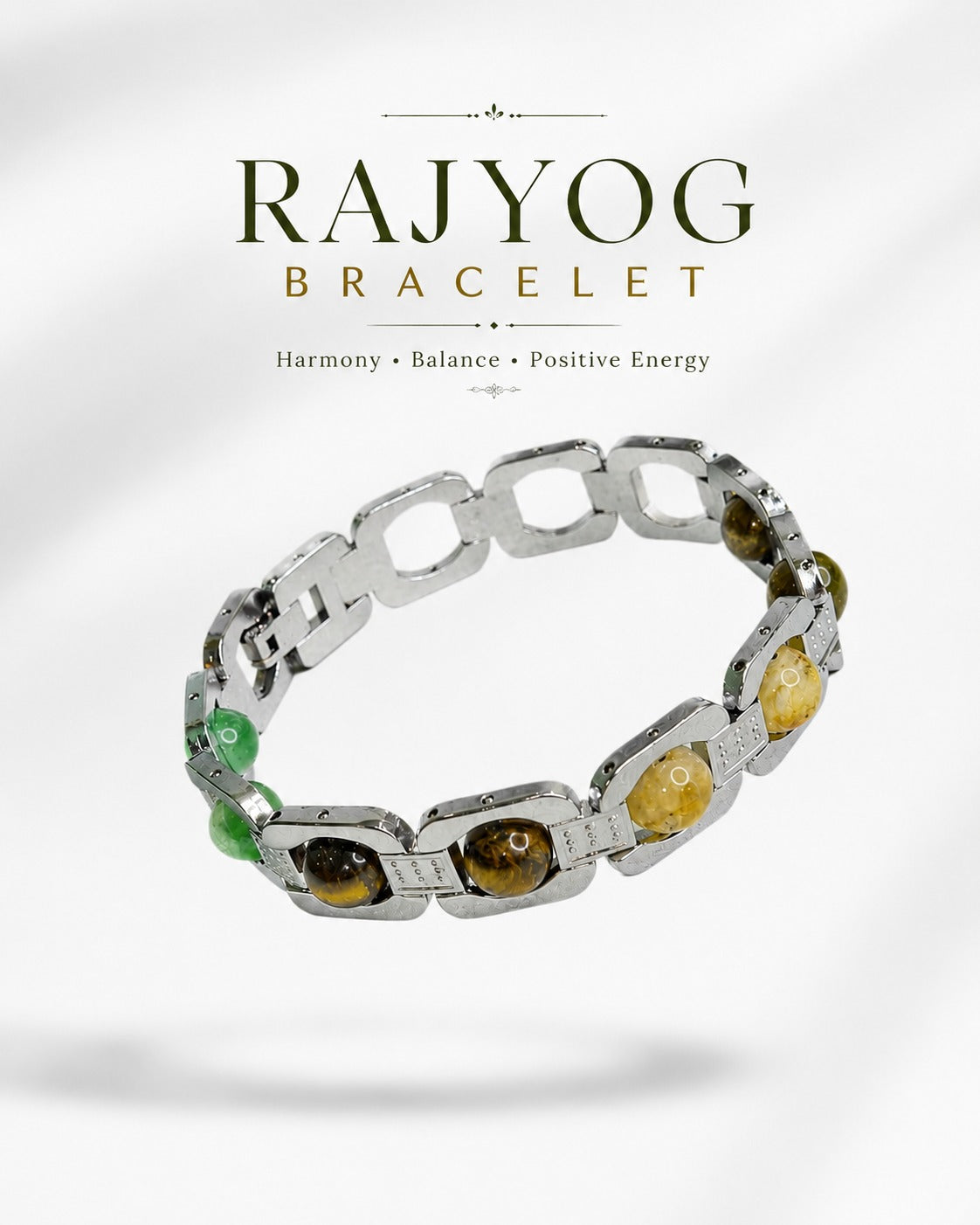 Aeora Rocks Rajyog Panchdhatu Bracelet | Green Aventurine, Citrine, White Quartz & Tiger Eye | Crystal Bracelet for Prosperity, Confidence & Balance