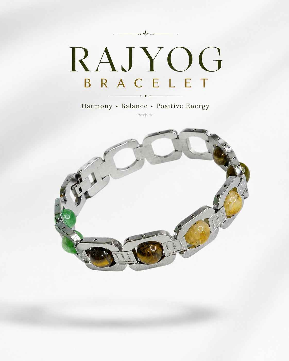 Aeora Rocks Rajyog Panchdhatu Bracelet | Green Aventurine, Citrine, White Quartz & Tiger Eye | Crystal Bracelet for Prosperity, Confidence & Balance