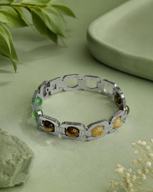 Aeora Rocks Rajyog Panchdhatu Bracelet | Green Aventurine, Citrine, White Quartz & Tiger Eye | Crystal Bracelet for Prosperity, Confidence & Balance