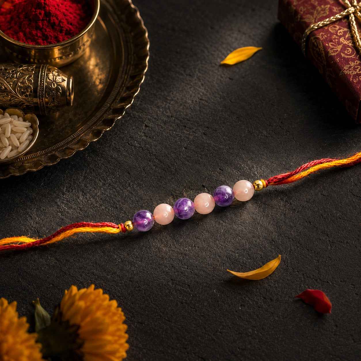 Aeora Rocks Peace & Love Rakhi | Amethyst & Rose Quartz Rakhi for Brother | Handmade Crystal Rakhi | Raksha Bandhan Gift | Love, Harmony & Calm