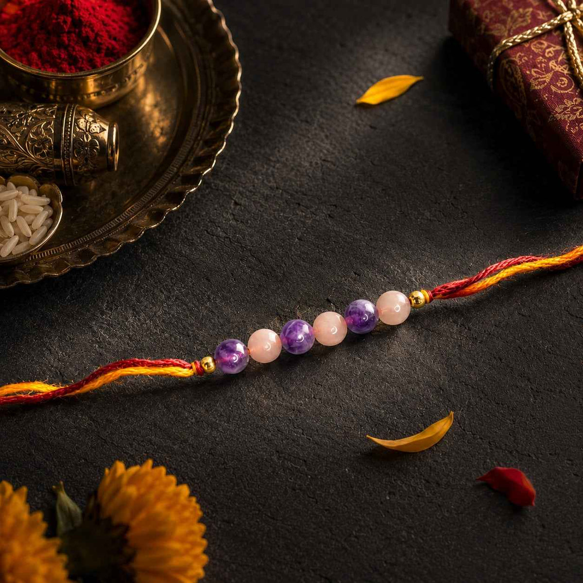 Aeora Rocks Peace & Love Rakhi | Amethyst & Rose Quartz Rakhi for Brother | Handmade Crystal Rakhi | Raksha Bandhan Gift | Love, Harmony & Calm